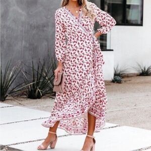 Anthropologie If By Sea Red Los Angeles Floral Wrap Dress Cottagecore Prairie XS